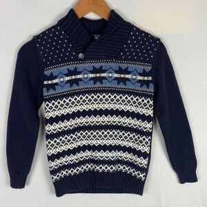 Janie and Jack Boys Sweater  Sz 7 Yrs Fair Isle Snowflake Shawl Collar Navy Blue